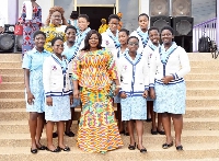 Headmistress Selina Anane Afoakwa with some of her students