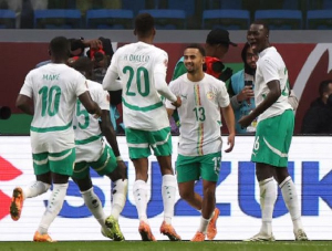 Senegal's Iliman Ndiaye celebrates scoring their goal with teammates