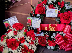 Fans honour Diogo Jota with wreaths and flowers at Anfield