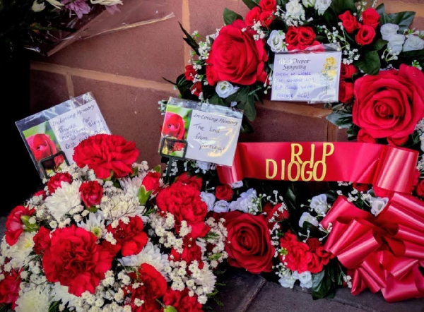 Fans honour Diogo Jota with wreaths and flowers at Anfield