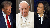 Former President Trump (left), Pope Francis (middle) and Kamala Harris (right)