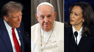 Former President Trump (left), Pope Francis (middle) and Kamala Harris (right)