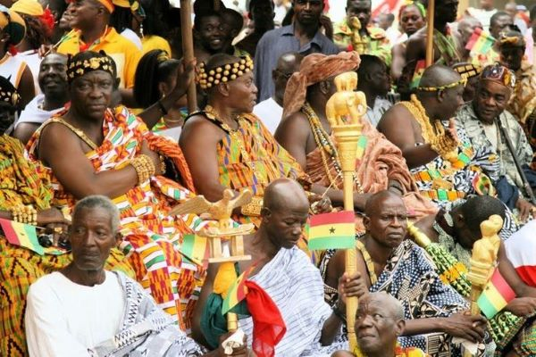 A gathering of Asante chiefs in their traditional regalia