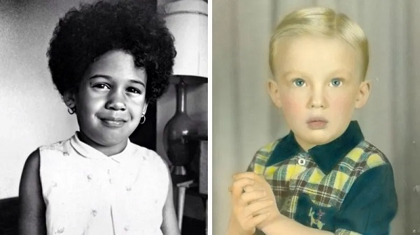 Photo collage of young Kamala Harris and young Donald Trump