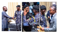 Combination photos of IGP exchanging pleasanteries with three brothers