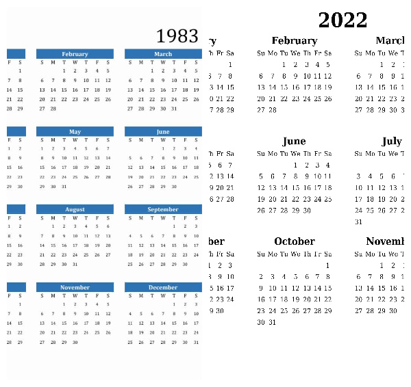 Photo of the 1983 and 2022 calenders