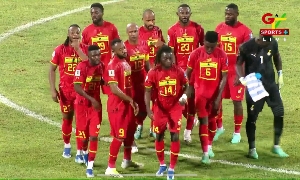 Black Stars players after the first half break at AFCON | File photo