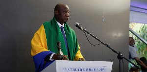 President Brice Nguema speaks following the announcement of provisional results for the 2025