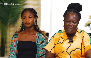 Popular content creator Ama Yeboah and her mother, seated during an interview with Delay
