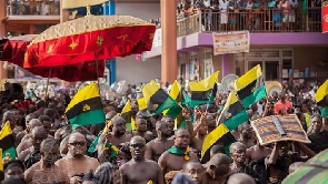 A public display of the Asanteman flag during an event in Kumasi.  Photo: Opemso Radio
