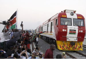 A Standard Gauge Cargo train rides from Kenya's port container depot on a Chinese-backed railway