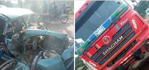 The wreckage of a Toyota Passo following the head-on collision with a truck