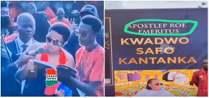A picture collage of a man reading the tribute of late Apostle Safo Kantanka A picture collage of a man reading the tribute of late Apostle Safo Kantanka