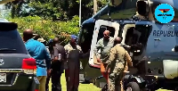 President Mahama disembarking from the helicopter upon arrival