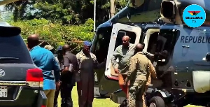 President Mahama disembarking from the helicopter upon arrival