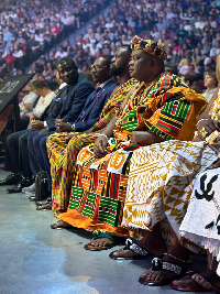 HRM Nii Ayibontey II in yellow Kente from right