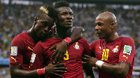 Asamoah Gyan (M) and Andre Ayew (R) have a combined 9-goal tally at the World Cup