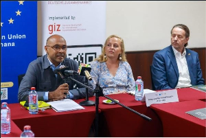 EU Ambassador Irchad Razaaly (L), Franziska Jebens (M) and Dr. Dirk Abmann (R)