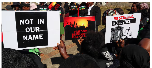 Protesters held placards as lead applicants addressed them outside the court