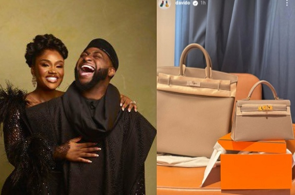 Davido and Chioma in a collage with the Hermès bags