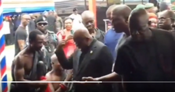 Akufo-Addo is seen here making hand gestures to the chiefs