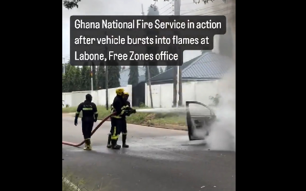 Personnel of the fire service is seen putting out the fire