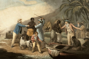 Enslaved Africans Captured And Forced Onto A Boat By European Traders On A Coastal Shore..jpeg