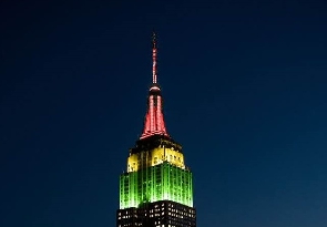 Apex of Empire State Building lighted with Ghana colours