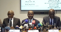 Senegalese FA president Abdoulaye Fall (M) and his legal team at media conference