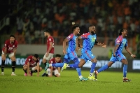 DRC players celebrating their penalty shootout win