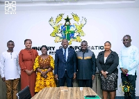 Kojo Oppong-Nkrumah, Information Minister (middle) with a GJA delegation after a meeting