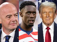 L-R: FIFA boss Gianni Infantino, footballer Florian Balogun and US President Donald Trump