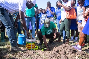 Officials of the SDGs Advisory Unit and the Forestry Commission planting one of the 1000 seedlings