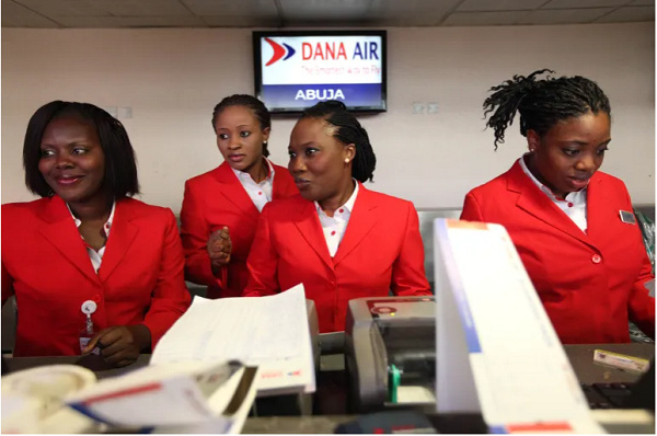 Dana Air staff work at the domestic airport in Lagos, Nigeria