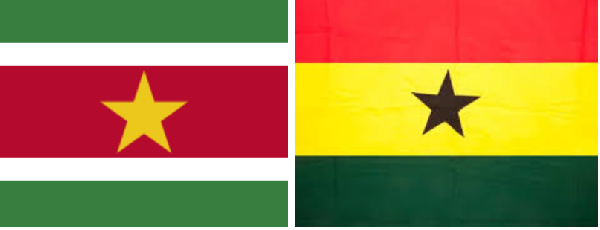 A photo collage of the flags of Ghana and Suriname