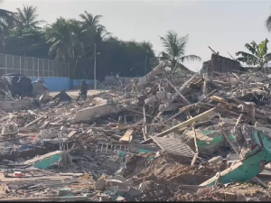 Screenshot of debris from the demolition scene