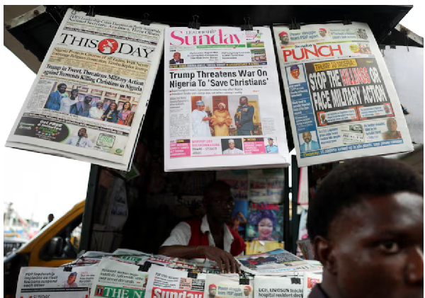 Newspapers with articles reporting Donald Trump's message to Nigeria on the treatment of Christians