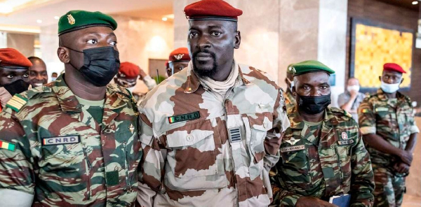 Col Mamady Doumbouya (C), the Guinean coup leader in Conakry, Guinea on September 17, 2021