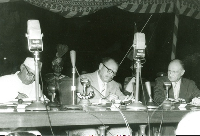 (L-R) PM Nehru of India and Pres Ayub Khan of Pakistan, sign the Indus Waters Treaty in 1960