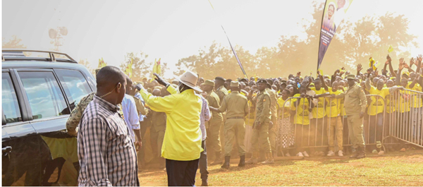President Museveni waves to supporters at a campaign rally in Bugiri  District on November 15, 2025