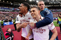 Arsenal players celebrated Trossard's winner against West Ham