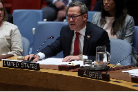US Ambassador to UN  Mike Waltz speaks during a meeting at U.N. headquarters in New York City