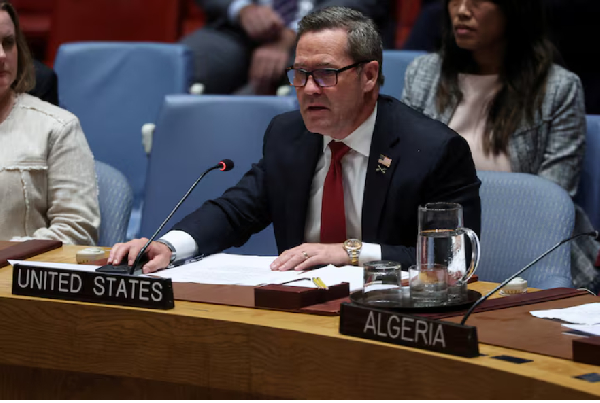 US Ambassador to UN  Mike Waltz speaks during a meeting at U.N. headquarters in New York City