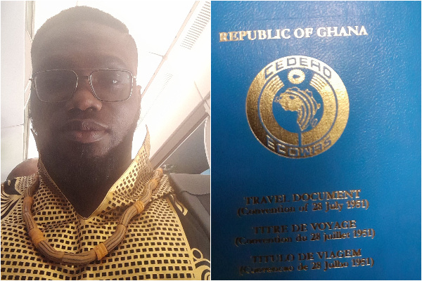 David Hundeyin with a copy of his Ghanaian refugee passport