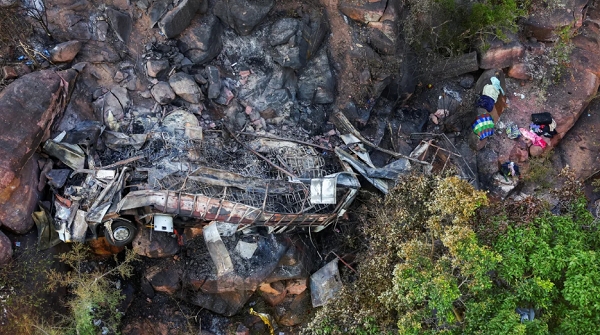 A view of the burnt remains of the bus that was taking Easter pilgrims from Botswana to Moria