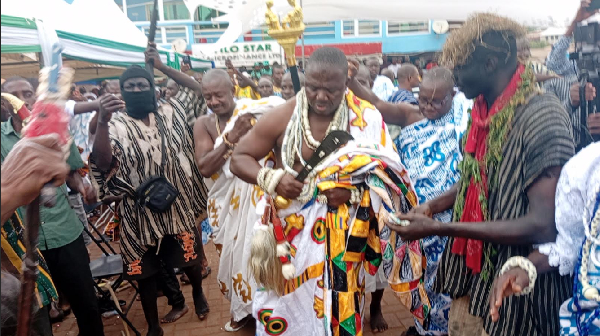 Nene Ofei Tagbaja, the inaugural Divisional Chief of Asesewa, seen dancing