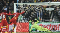 Asamoah Gyan (number 3) misses a crucial strike against Uruguay at South Africa 2010