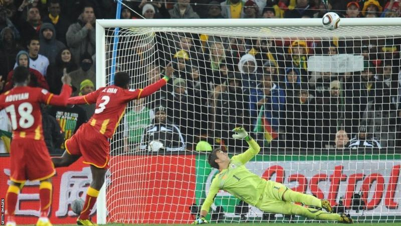 Asamoah Gyan (number 3) misses a crucial strike against Uruguay at South Africa 2010