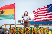 Kamala Harris delivering the address on her touch down in Accra