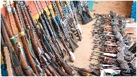 A cache of firearms displayed at  Baragoi Police Station in Samburu County, Kenya on April 14, 2023